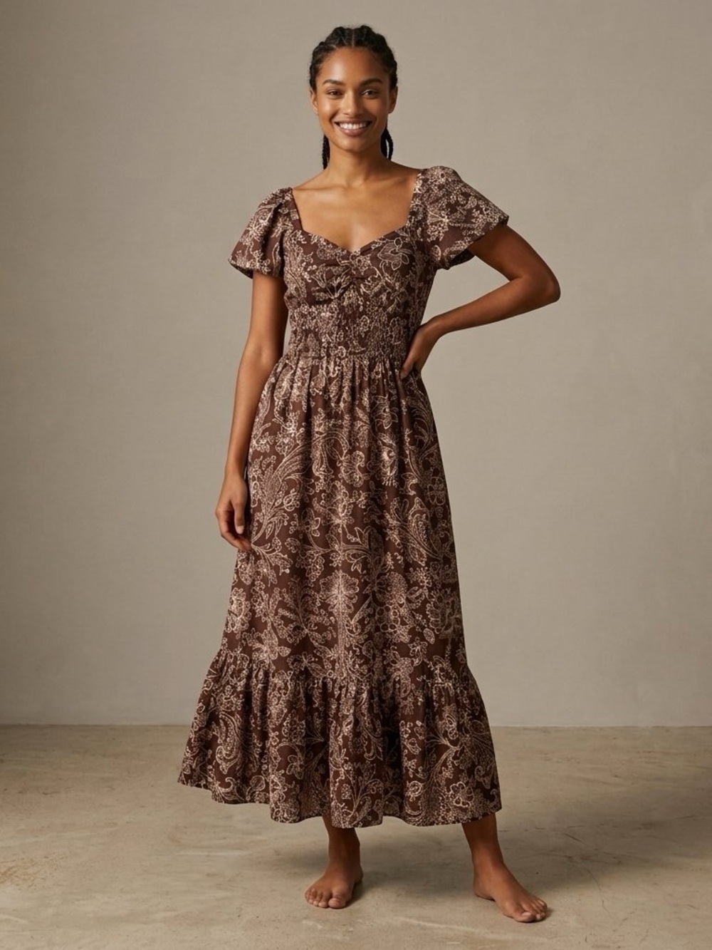 Patrons of Peace Brown Paisley Smocked Maxi Dress